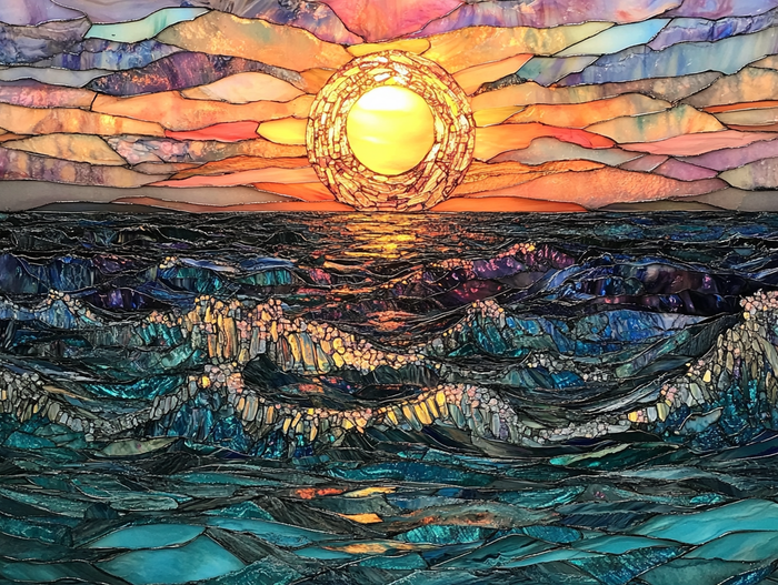 Sunset Over the Ocean Crashing Waves