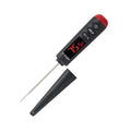 Superbright LED thermometer in black with red digital display and a detachable probe with sheath