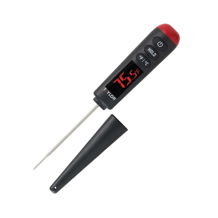 Superbright LED thermometer in black with red digital display and a detachable probe with sheath