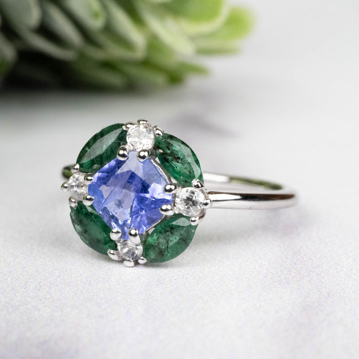 Tanzanite + Emerald + White Topaz Ring 2-5.5mm Size 6 - InnerVision Crystals