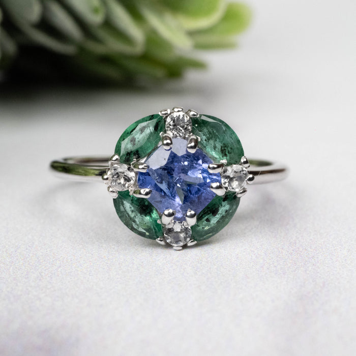 Tanzanite + Emerald + White Topaz Ring 2-5.5mm Size 7 - InnerVision Crystals