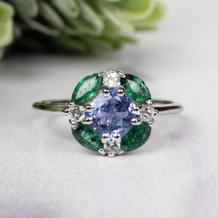 Tanzanite + Emerald + White Topaz Ring 2-5.5mm Size 7 - InnerVision Crystals