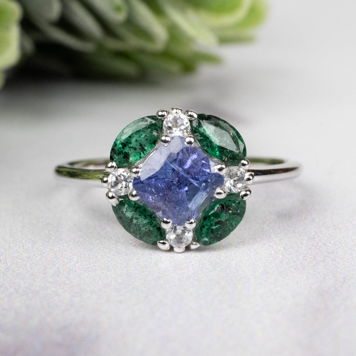 Tanzanite + Emerald + White Topaz Ring 2-5.5mm Size 7 - InnerVision Crystals