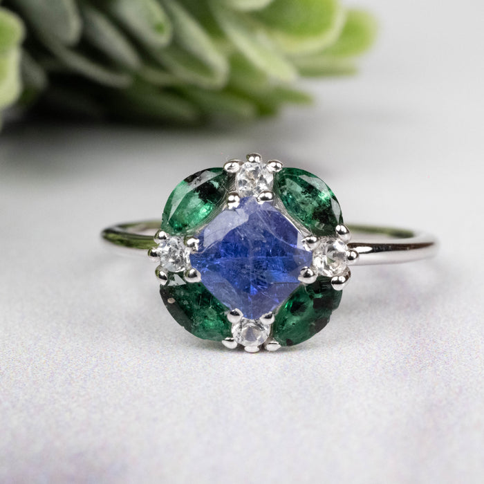 Tanzanite + Emerald + White Topaz Ring 2-5.5mm Size 7 - InnerVision Crystals
