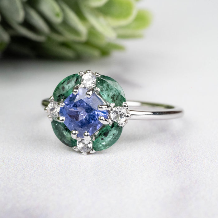 Tanzanite + Emerald + White Topaz Ring 2-5.5mm Size 7 - InnerVision Crystals