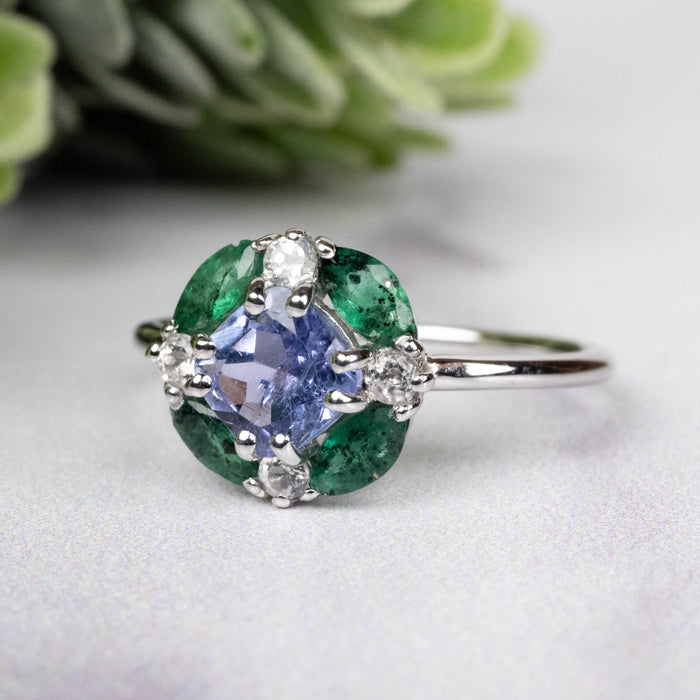 Tanzanite + Emerald + White Topaz Ring 2-5.5mm Size 7 - InnerVision Crystals