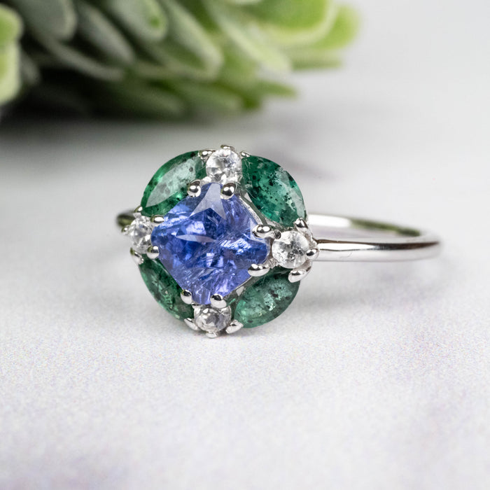 Tanzanite + Emerald + White Topaz Ring 2-5.5mm Size 7 - InnerVision Crystals
