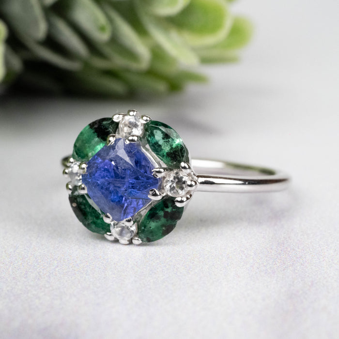 Tanzanite + Emerald + White Topaz Ring 2-5.5mm Size 7 - InnerVision Crystals