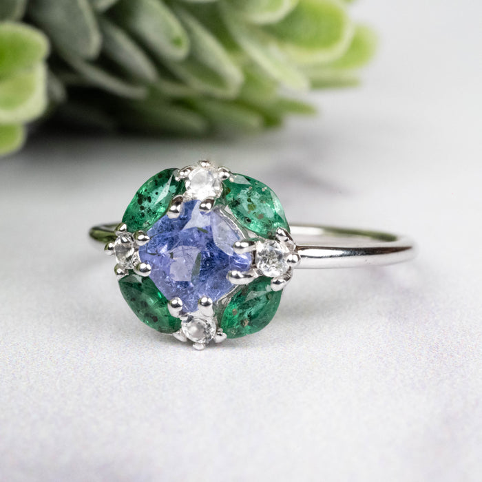 Tanzanite + Emerald + White Topaz Ring 2-5.5mm Size 8 - InnerVision Crystals