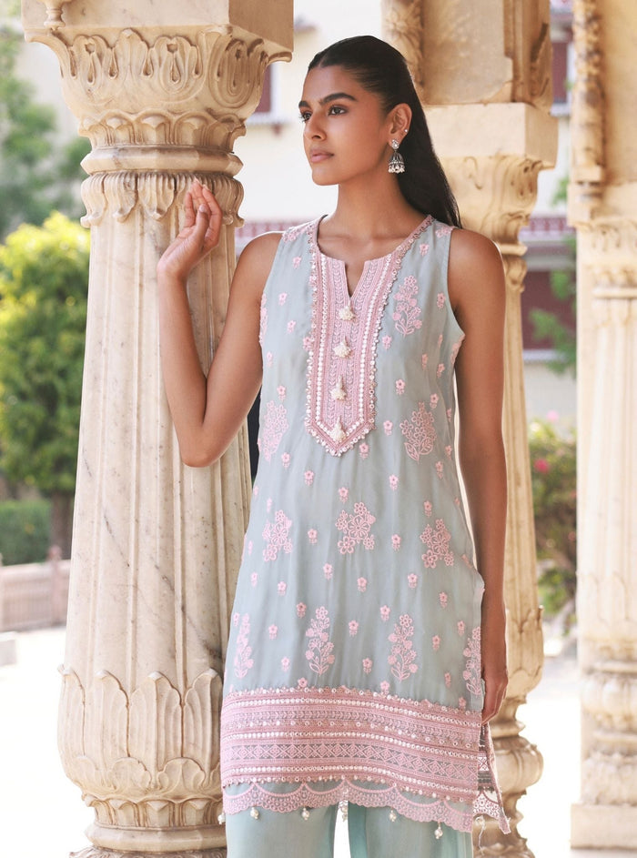 Taveli Organza Light Blue & Pink Kurta Set