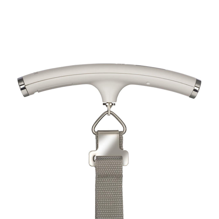 White Taylor luggage scale with curved top and gray woven strap