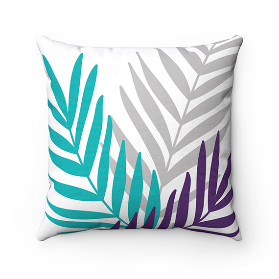 Teal Purple & Gray Palm Leaves Throw Pillow - PIL112