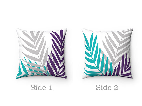 Teal Purple & Gray Palm Leaves Throw Pillow - PIL112