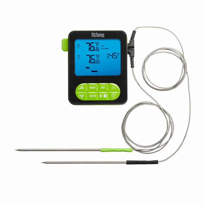 TruTemp dual probe programmable thermometer with two stainless probes and a blue digital display.