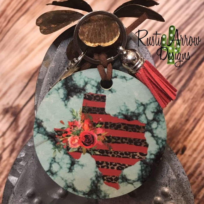 Turquoise Red Cheetah Texas Round Wood Key Chain