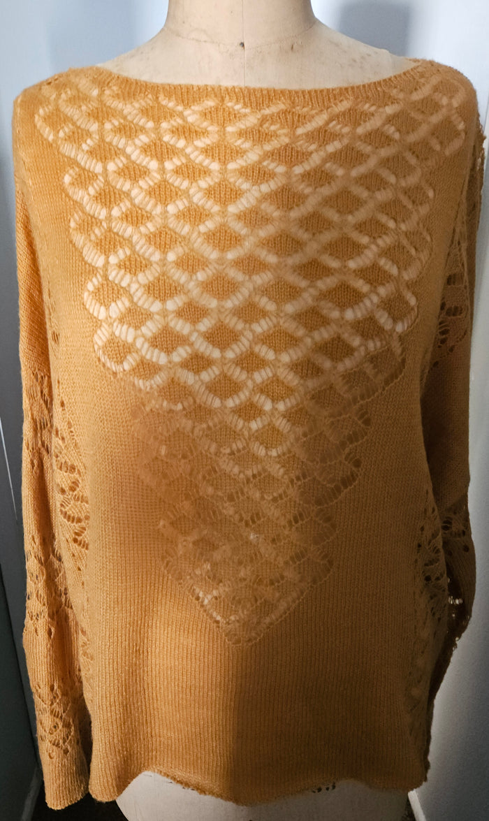 Unbranded 4X Mustard Yellow Lace Knit See Through Long Sleeve Detailed Sweater