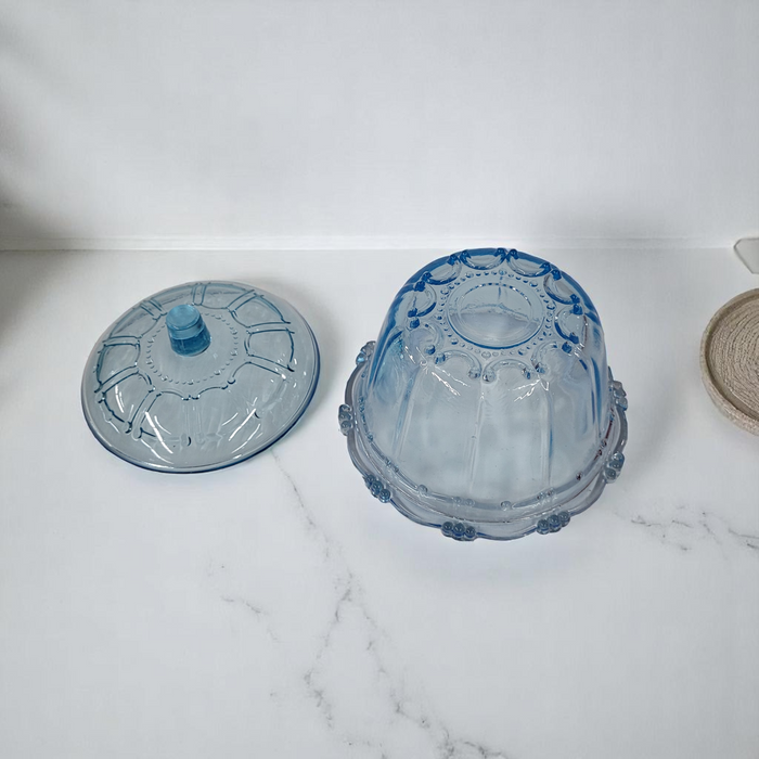 Vintage Blue Glass Small Sugar Bowl With Lid