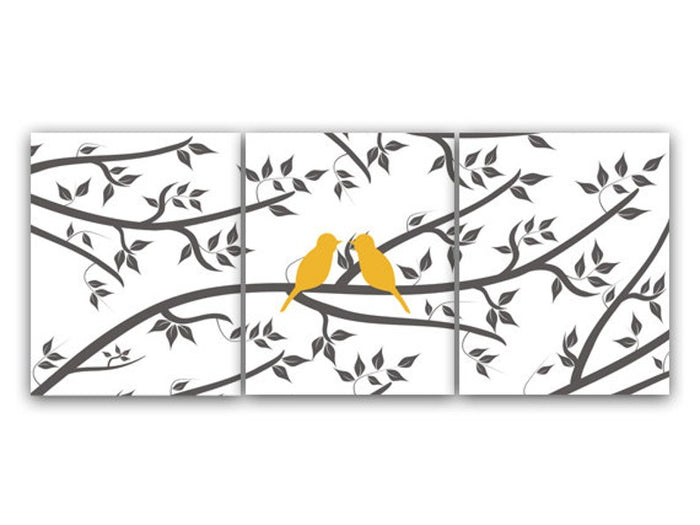 A set of three art prints featuring yellow birds on gray branches against a white background, arranged in a triptych format.