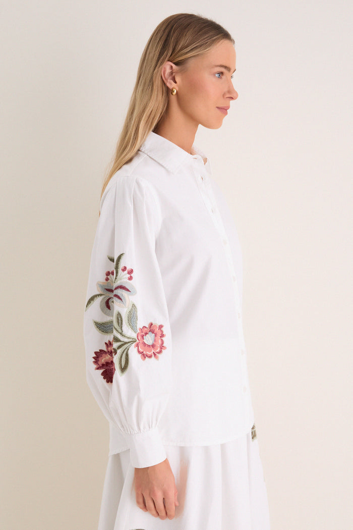 White Floral Embroidered Carolina Button Down