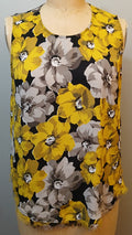 WHO WHAT WEAR XXL Black Yellow Gray White Floral Print Sleeveless Fringe Hem Blouse