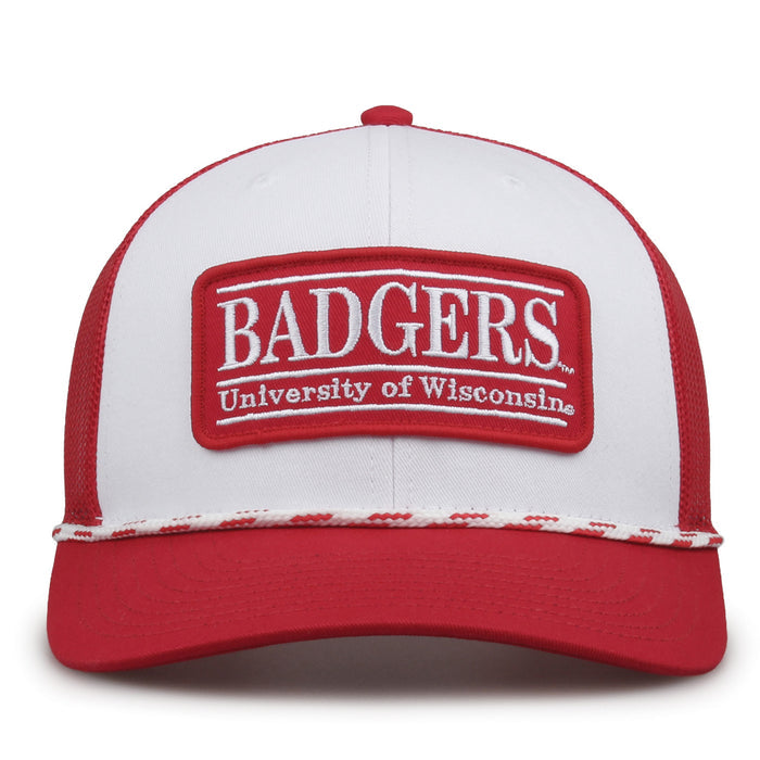 Wisconsin Badgers Rope Trucker hat in red and white with embroidered bar patch and rope accent, front view