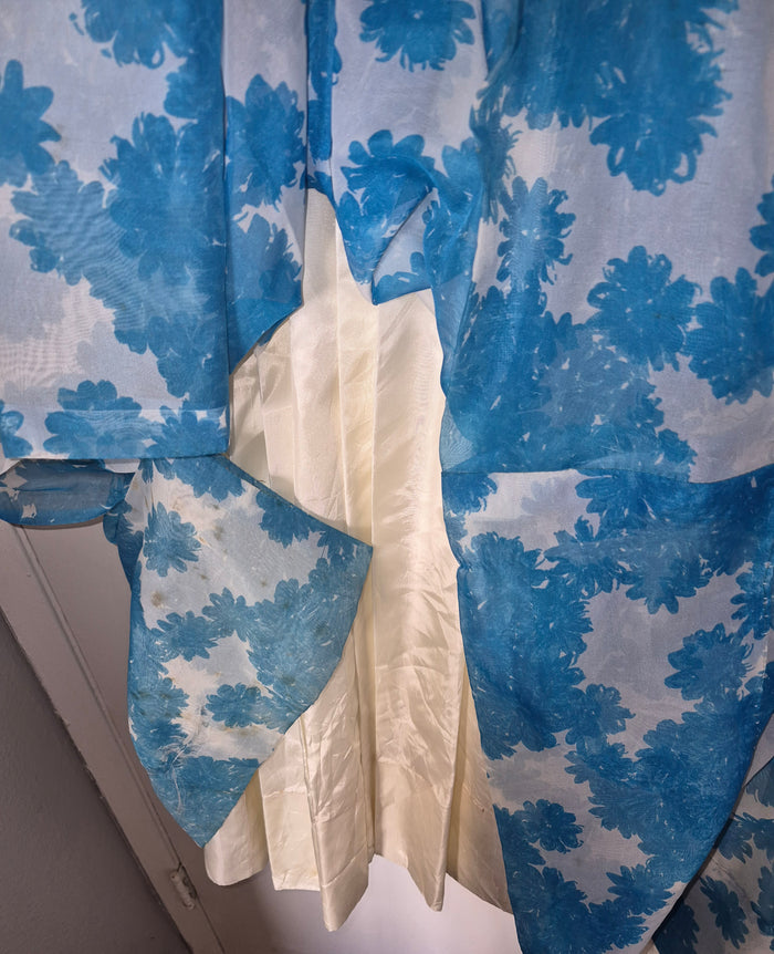 Women's XS Vintage 1930's Blue & White Handmade Floral Chiffon Dress (Needs Repair)