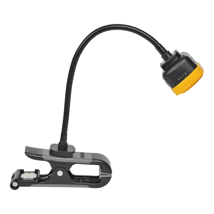 Black gooseneck LED rechargeable clamp-on work lamp with yellow base for tire repair process